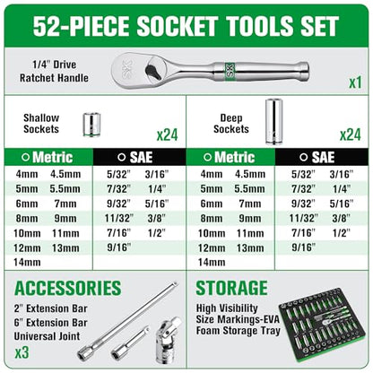 SK 1/4" Drive Socket Set with 90-Tooth Ratchet, 52-Piece, SAE & Metric | SuperKrome Finish, Premium CR-V Steel, Heat Treated, with EVA Foam Tool Organizer - size: 52PC