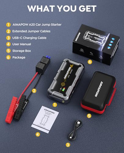 AIMAPOW Portable Car Battery Jump Starter 8000A 20000mAh Jump Box, Car Jumper Starter Portable Jumper Cables for car(AllL Gas/10L Diesel), Fast Charge, Lights, Compact - size: 8000