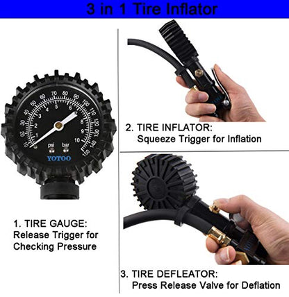 YOTOO Recoil Air Hose Kit with Tire Inflator Gauge, 1/4" Industrial Quick Coupler and Plug for tire infaltion and air Tools