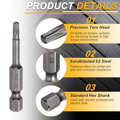 HARFINGTON 10pcs T15 Torx Head Screwdriver Bit 1/4" Hex Shank 2" (50mm) Long Magnetic No Hole Tip Tamper Proof 6 Point Star Screw Driver Drill Bits S2 Steel Industrial Power Screwdrivers - size: T15 x 2"