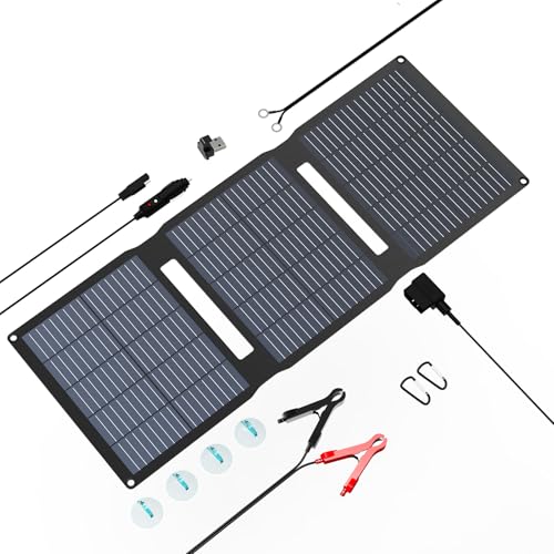 FlexSolar 28W Foldable Solar Panel Trickle Charger Maintainer Kits - 12V DC & QC3.0 USB Output with Built-in Controller, Includes Cigarette Lighter, Alligator Clips, O-Rings，OBDII Connector - size: TC-28W
