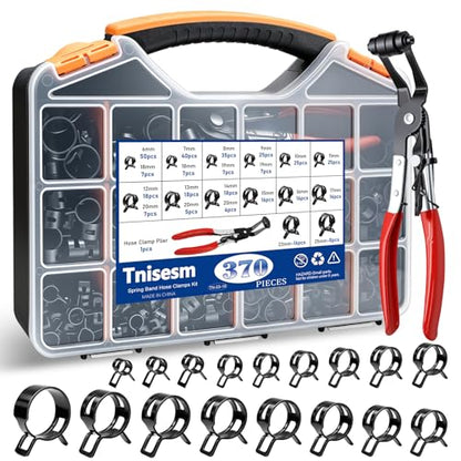 Tnisesm 370PCS 6-25mm Spring Band Hose Clamps Assortment kit with Hose Clamp Plier, Constant Tension Hose Clamps for Fuel Lines, Silicone Vacuum Hoses, Water Pipe, Low-Pressure Air Clips - size: 370Pcs-17 Sizes