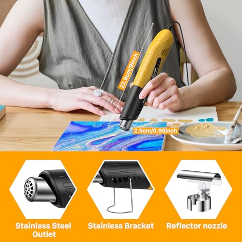 Mini Heat Gun 380W Fast Heat Hot Air Gun 2-Temp Settings 480°F-850°F(249°C-455°C) With Overheat Protection Reflector Nozzle, 4.9Ft Cable for Shrink Wrap, Vinyl, Crafts, Epoxy Resin (Yellow) - color: Yellow