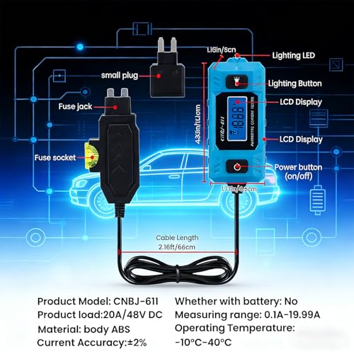 Automotive Circuit Fault Probe Tester, Portable High-Precision 20A 48V Automotive Circuit Fault Probe Tester, 2-in-1 Wire Tracer Short Finder, Car Fuse Blade Checker with LED Display & Front Light