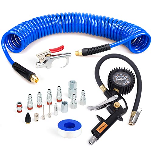 18 Pieces Air Compressor Accessories kit, 1/4 inch x 25 ft Recoil Poly Air Compressor Hose Kit, 1/4" NPT Quick Connect Air Fittings, 100 PSI Tire Inflator Gauge, Heavy Duty Blow Gun - color: Blue