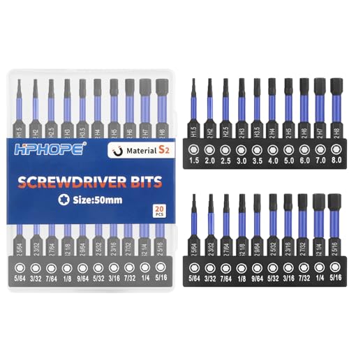 HPHOPE Impact Hex Head Allen Wrench Drill Bit Set 20 Pcs - 2"(Metric&SAE) | Premium S2 Steel, CNC Machined Tips wit Magnetism, Storage Box, 1/4" Hex-Shank for Automotive and Home Repairs - size: 50 mm, 20 Pcs, Metric&SAE
