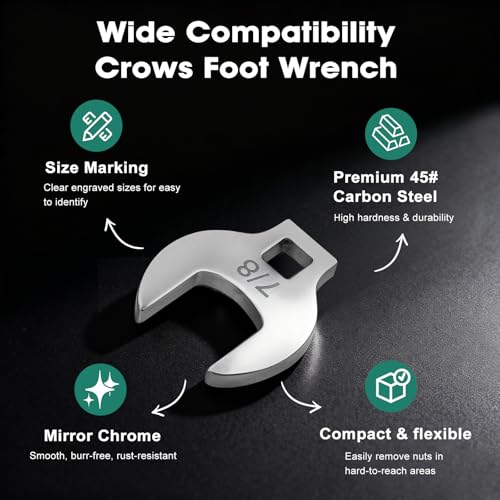 11-Piece Crows Foot Wrench Set, SAE Sizes from 3/8" to 1" Crowsfoot Wrenches Set Metric with Clip-on Organizer, Drive Flare Nut Wrench Tools for Mechanics Automotive Repair Work