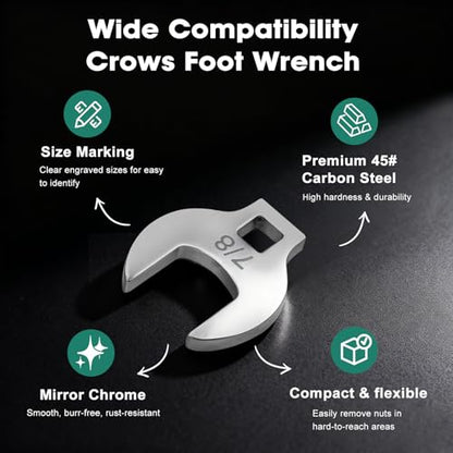 11-Piece Crows Foot Wrench Set, SAE Sizes from 3/8" to 1" Crowsfoot Wrenches Set Metric with Clip-on Organizer, Drive Flare Nut Wrench Tools for Mechanics Automotive Repair Work