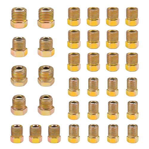 10 PCS Brake Line Fitting Kit, Rustproof Brass Inverted Flares Nuts for 3/16" Brake Line Tube, 3/8-24 UNF Inverted Flare Fittings Assortment for Vehicle Brake System Repair (35 PCS)