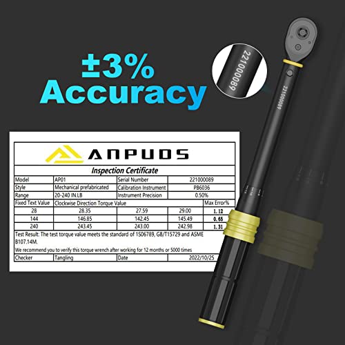 ANPUDS 1/4 Inch Click Torque Wrench, 20-240 in.lb/2.3-27.1 Nm, Lightweight | Inch Pound, Small Mini Bike Tool, ±3% Accuracy, 72-Tooth Dual Direction, Dual Range for Carbon Fiber Bicycle, MTB Maintenance - size: 20-240 in-lb / 2.3-27.1 Nm