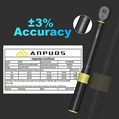 ANPUDS 1/4 Inch Click Torque Wrench, 20-240 in.lb/2.3-27.1 Nm, Lightweight | Inch Pound, Small Mini Bike Tool, ±3% Accuracy, 72-Tooth Dual Direction, Dual Range for Carbon Fiber Bicycle, MTB Maintenance - size: 20-240 in-lb / 2.3-27.1 Nm