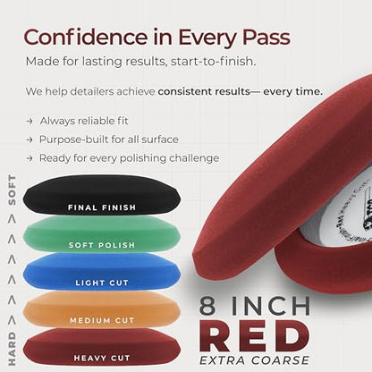 TCP Global 8" Red Foam Buffing Pad Extra Coarse Cutting Polish Hook and Loop Backing - Buffing Pad for Automotive, Marine, Truck, RV & Compound Cutting - color: Red