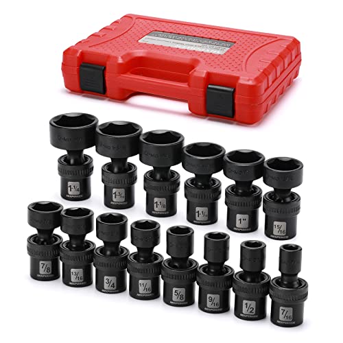 MIXPOWER 1/2" Drive Shallow Impact Universal Joint Swivel Socket Set, SAE, 7/16" to 1-1/4", Shallow, Flexible Wobble, Chrome Molybdenum Steel, 14 Pieces Set - size: 14 Pcs SAE 1/2'' Dr. (Shallow)