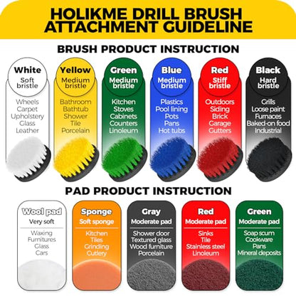 Holikme 5Pack Drill Brush Attachment Set，Power Scrubber Brush Extended Long Attachment for Bathroom Surfaces, Grout, Floors, bathtubs, Showers, Tiles, Kitchens and Cars，Yellow | 4 nylon scrub brushes,yellow,Power scrubber kit for Bathroom Surfaces, Grout,