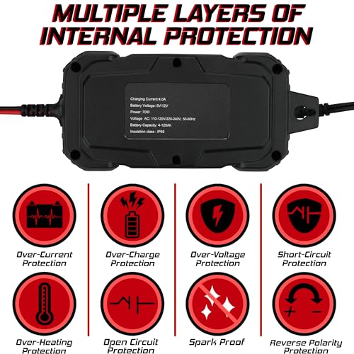 Banshee Car Battery Charger, 4A 6V/12V Automatic Smart Charger, Maintainer, Trickle Charger and Desulfator for Lead Acid and Lithium Batteries, with LCD Display, 12V Supply, & Winter Mode