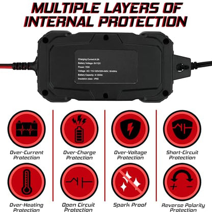 Banshee 4Amp 6V 12V Automatic Smart Smart Charger, Maintainer, Reconditioner/Desulfator, 12V Supply, & Winter Mode with LCD Display for Lead Acid and Lithium (LiFePO4) Battery