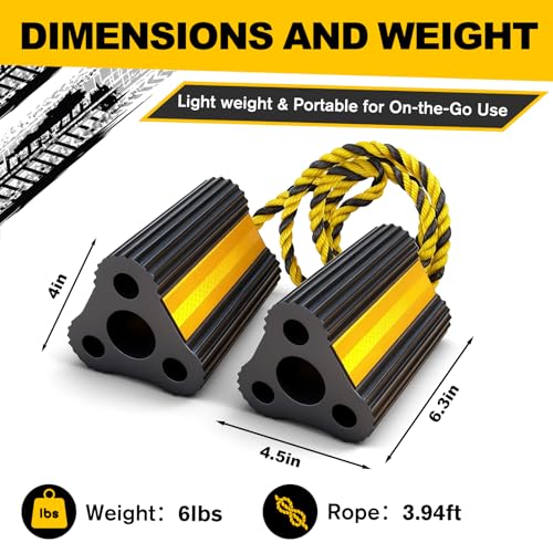 Wheel Chocks for RV Trailer Camper Truck Car, Versatile Heavy Duty Rubber Wheel Immobilizers & Chocks, Wheel Chocks Block with Rope and Reflective Strips [2 Pair 4 Pack]