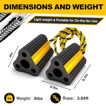 Wheel Chocks for RV Trailer Camper Truck Car, Versatile Heavy Duty Rubber Wheel Immobilizers & Chocks, Wheel Chocks Block with Rope and Reflective Strips [2 Pair 4 Pack]