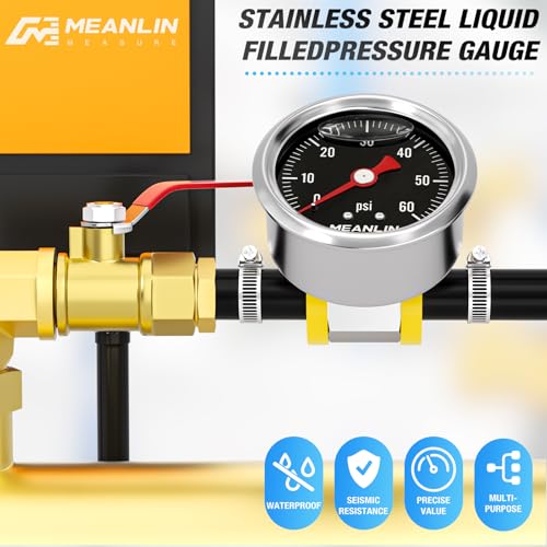 MEANLIN MEASURE 0-60Psi Stainless Steel Glycerin Filled Pressure Gauge 1/8" NPT 1.5" Black Dial, with 3/8" Barb Pressure Adapter Liquid Filled Pressure Gauge (9Pieces Kit, Back Mount) - size: 0-60Psi (Black Dial)