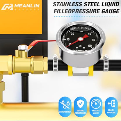 MEANLIN MEASURE 0-60Psi Stainless Steel Glycerin Filled Pressure Gauge 1/8" NPT 1.5" Black Dial, with 3/8" Barb Pressure Adapter Liquid Filled Pressure Gauge (9Pieces Kit, Back Mount) - size: 0-60Psi (Black Dial)