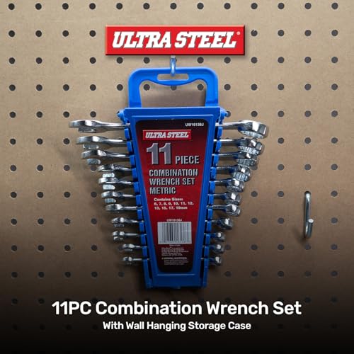 11PC Combination Wrench Set, Metric, 6MM, 7MM, 8MM, 9MM, 10MM | 11MM, 12MM, 13MM, 15MM, 17MM, 19MM, Wall Hanging Case Included, Mechanic, Automotive, DIY, Garage, Workshop, Repair