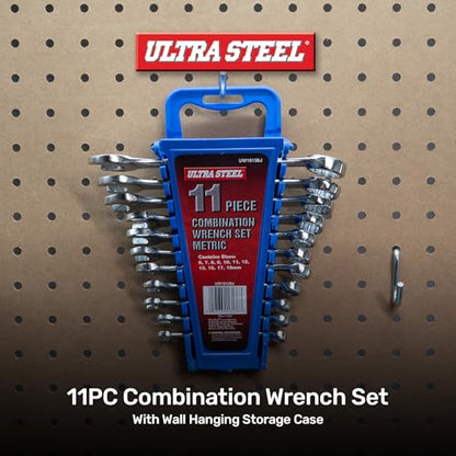 11PC Combination Wrench Set, Metric, 6MM, 7MM, 8MM, 9MM, 10MM | 11MM, 12MM, 13MM, 15MM, 17MM, 19MM, Wall Hanging Case Included, Mechanic, Automotive, DIY, Garage, Workshop, Repair
