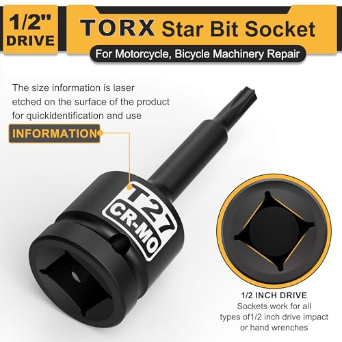 1/2" Drive T27 Torx Bit Socket, Star Bit Socket, CR-MO Steel, Motorcycle, Bicycle Machinery Repair - size: 1/2" T27 Deep