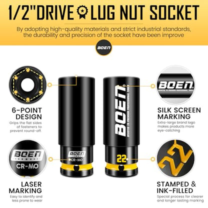 BOEN 22mm 1/2" Drive Wheel Protector Impact Socket, Non-Marring Thin Wall Wheel Protector Nut Socket, Color-Coded, Embossed and Painted Marking, CR-MO Steel - style: 22MM