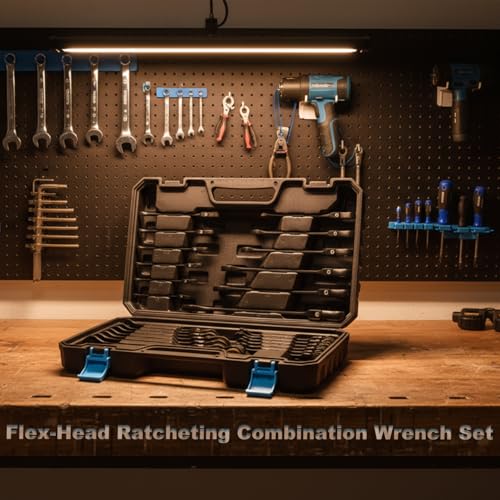 26-Piece Flex-Head Ratcheting Wrench Set, SAE & Metric, 12 Point, 72-Tooth Ratchet, Chrome Vanadium Steel, With Organizer Box - style: 26-Piece Set (Flex-Head Metric & SAE)