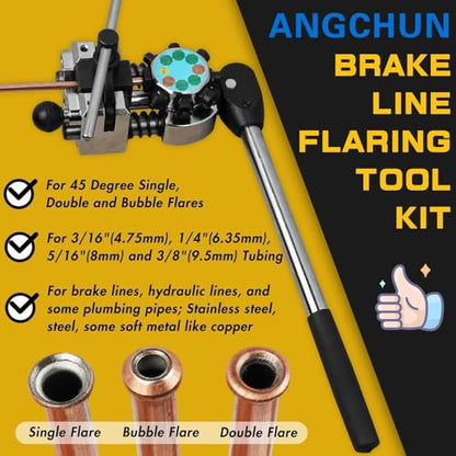 Professional Brake Line Flaring Tool Kit - 45 Degree Single, Double and Bubble Flares Pipe Flare Tool for 3/16", 1/4", 5/16", 3/8" Brake Repair Brake Flaring Tools Brake Line and Tubing Flaring Tool - size: 45 Degree Brake Line Flaring Tool Kit