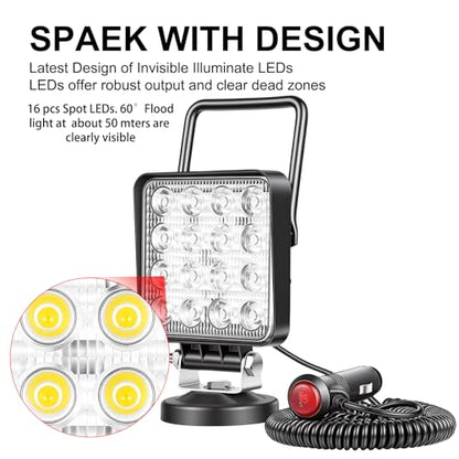 SKYWORLD Magnetic Mount LED Work Light, 2PCS 4 Inch 48W Square Flood Off Road Driving Fog Lamp 12V 24V with Portable Magnetic Base Holder for Truck Tractor Trailer Car Boat Engineering Vehicle - size: 2Pcs 4 Inch 48W Flood