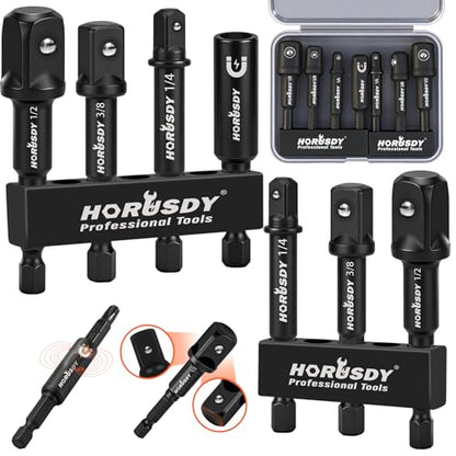 7-Piece High Torque Impact Socket Adapter & Magnetic Bit Holder Set, 1/4" Hex Shank Drill Socket Adapter to 1/2" 3/8" 1/4" Drive, Magnetic Bit Holder for Impact Driver & Drill, With Organizer Rack - style: 7-PCS + Magnetic Bit Holder