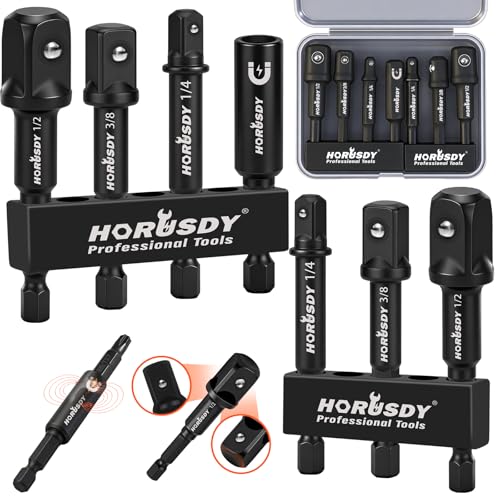 7-Piece High Torque Impact Socket Adapter & Magnetic Bit Holder Set, 1/4" Hex Shank Drill Socket Adapter to 1/2" 3/8" 1/4" Drive, Magnetic Bit Holder for Impact Driver & Drill, With Organizer Rack - style: 7-PCS + Magnetic Bit Holder