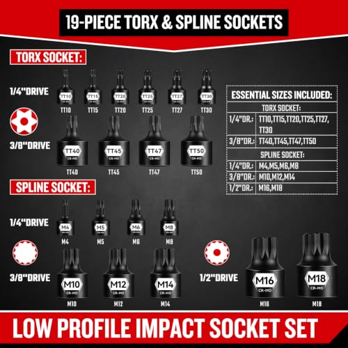 ZHAX Low Profile Impact Bit Socket Set, 28-Piece Stubby Torx, Hex & Spline Socket Set, 1/4", 3/8", 1/2" Drive, TT10-TT50, 6-19mm, M4-M18, CR-MO Steel with Tamper Proof Design