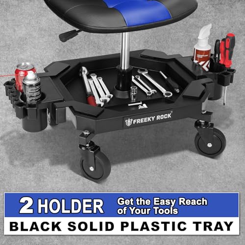 Rolling Stool with Wheels, Adjustable Height Pneumatic Garage Work Mechanic Stool Seat with Backrest, 400 LBS Capacity 360° Swivel Mechanic Crepper Chair with Tool Tray Storage, Blue - color: Carbon Fiber Blue