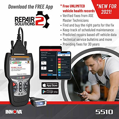 INNOVA 5510 OBD2 Scanner, Scan Tool for ABS, All System Scanner, Caliper Service, Brake Pad Life, Read/Erase ABS/SRS Codes, Reset Oil Light, Live Data, Updates Included