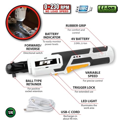 Performance Tool 4V 1/4 Inch Drive Cordless Ratchet - 0-230 RPM, 92 inch/lb Torque, Electric Ratchet, LED Light, USB-C, Electric Wrench, Auto Repair, White/Black