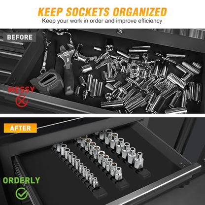GOOACC Socket Organizer ABS Socket Holder Set 1/4" 3/8" 1/2" Drive Socket Rail Holders Stores up 43 Clips Impact Sockets Organizers Rails for Tool Box Drawer, 3 Piece Black - size: Clip Rail 3PC 1/4"3/8"1/2" Black