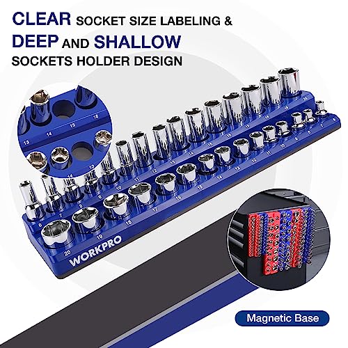 WORKPRO Magnetic Socket Organizer Set, 6-Piece Socket Holder Set Includes 1/4", 3/8", 1/2" Drive Metric SAE Socket Trays, Holds 143 Pieces Sockets, Christmas Gift for Men(Socket not Included) | 1/4", 3/8", 1/2" DR Socket Trays, Holds 143-Piece Sockets, Su