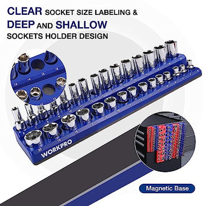 WORKPRO Magnetic Socket Organizer Set, 6-Piece Socket Holder Set Includes 1/4", 3/8", 1/2" Drive Metric SAE Socket Trays, Holds 143 Pieces Sockets, Christmas Gift for Men(Socket not Included) | 1/4", 3/8", 1/2" DR Socket Trays, Holds 143-Piece Sockets, Su