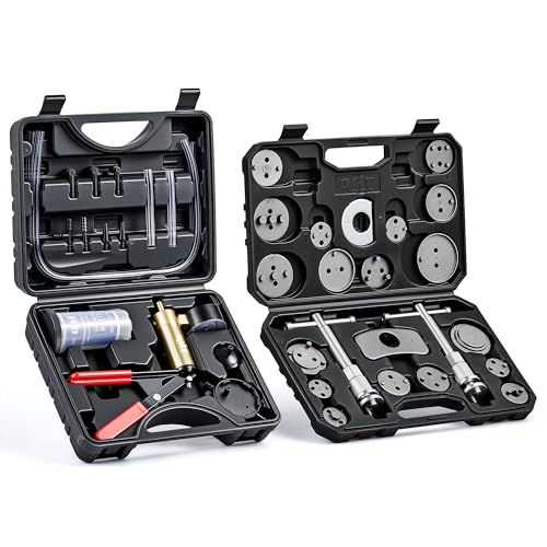 OMT 2 in 1 Brake Caliper Compression Tool & Radiator Fluid Bleeder Kit | Handheld Vacuum Pump Brake Bleeder Tool Set, Disc Brake Pad Service Tool with Thrust Bolt Retaining Plates & 18 Adapters - color: Black