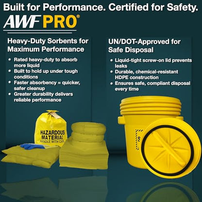 AWF PRO 20 Gallon Hazmat Spill Kit, 59 Pieces | Includes DOT Approved 20 Gallon Drum, Sorbent Socks, Pads, & Pillows, & Accessories - size: Hazmat Spill Kit