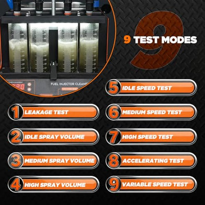 Fuel Injector Cleaner Tester Machine，4-Cylinder Ultrasonic Heating Cleaning | 4 Test Functions, 9 Test Modes, 2000ml Cleaning Tank, 110V Fuel System Injection Cleaning Kit for 12V Gas Car & Motorcycle