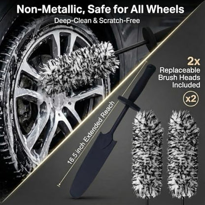 9PCS Wheel Detailing Kit Metal-Free Scratch-Free Boar Hair Rim Brush | Scratch-free boar hair & microfiber, dual-hardness tire pads, towel, storage bag, multi-vehicle wheel care gift set - color: 9