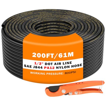 CheeMuii 200 FT 1/2" DOT Air Line with Heavy Duty Tube Cutter Kit PA12 Nylon 1/2 Pneumatic Tubing SAE J844 DOT Air Hose 61 Meter 1/2 Inch OD Pneumatic Air Tubing Pipe Hose Line - size: 1/2"OD-200FT-Single Layer