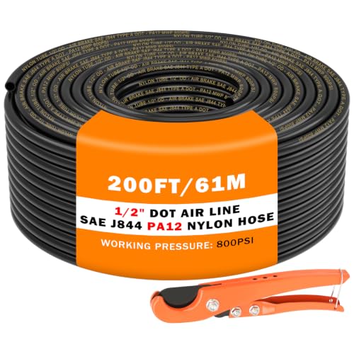 CheeMuii 200 FT 1/2" DOT Air Line with Heavy Duty Tube Cutter Kit PA12 Nylon 1/2 Pneumatic Tubing SAE J844 DOT Air Hose 61 Meter 1/2 Inch OD Pneumatic Air Tubing Pipe Hose Line - size: 1/2"OD-200FT-Single Layer