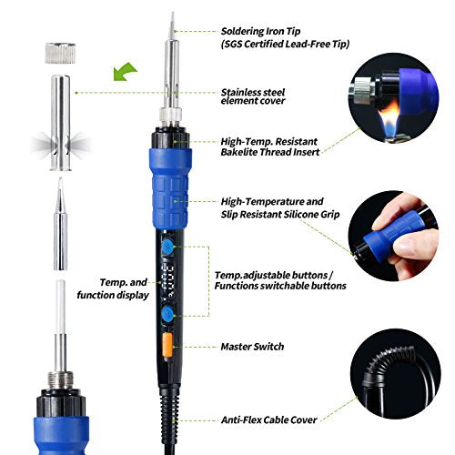 YIHUA 928D Soldering Iron Kit, 65W Soldering Iron, Fully Digital, Display °F/°C, Temperature Control, Accuracy 194~896℉- Soldering Kit with Sleep Function, Temp. Correction Function, Holder &more. - style: Digital Iron Kit
