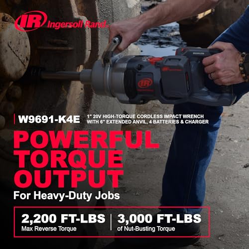 Ingersoll Rand W9691-K4E Cordless 1" High-Torque Impact Wrench Kit with 2" Extended Anvil, Includes 4 BL2022 5.0Ah Batteries and Dual-Bay Charger - size: Extended Anvil, style: 4 Battery Kit