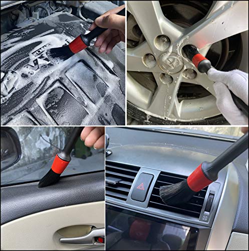 Car Wash Brush with Long Handle, Car Detailing Kit, Wheel Brush 7 Packs | Wheel Cleaner Brush, 17 In Long Wheel Brush, Soft Cleaning Tire Brush, 5 Car Detailing Brush Set (Red & Blue) - color: Red