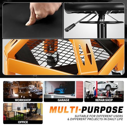 DNA Motoring Rolling Padded Seat Adjustable Height Seat 330lbs Capacity Rolling Mechanic Creeper Stool, W/Tool Storage Drawer & Tray, Black/Yellow,TOOLS-00599 - style: Grid Tray Yellow